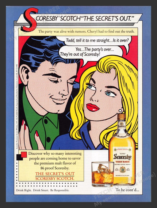 1990 Scoresby Scotch Whisky "The Secret's Out" Print Advertisement Ad