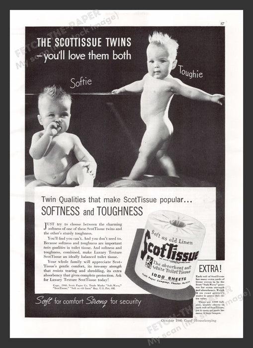 1940 Scot Tissue Twin Babies "Toughie" & "Softie" Print Advertisement Ad