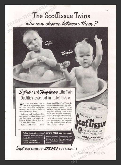 1941 Scot Tissue Twins "Softie" & "Toughie" Bathtubs Print Advertisement Ad