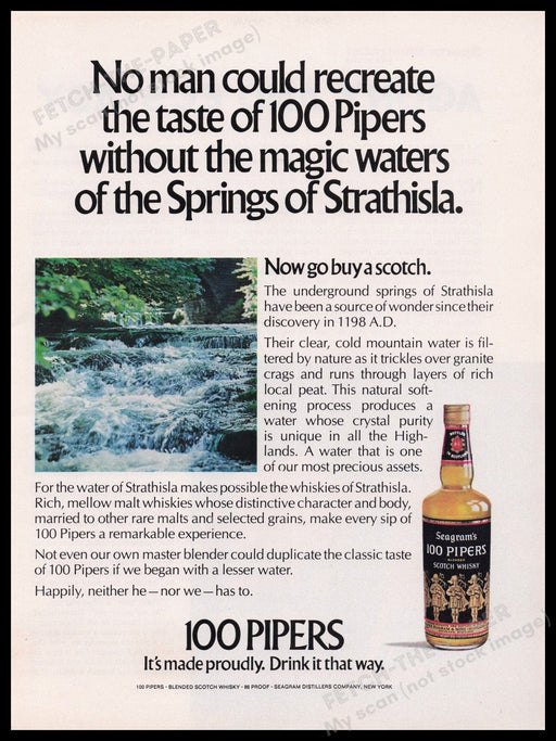 Seagram's 100 Pipers Whisky Print Advertisement Ad 1972 Springs of Strathisla Fetch the Paper!