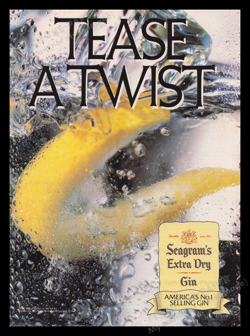 Seagram's 1980s Print Advertisement Ad 1988 Gin Drink Lemon "Tease a Twist" Fetch the Paper!