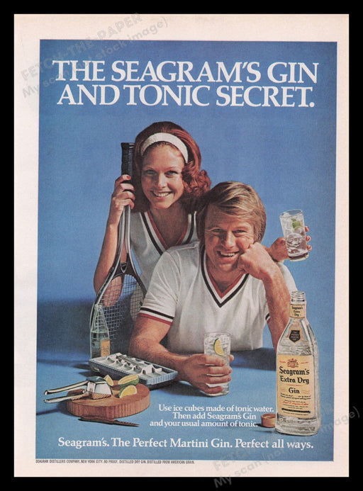 Seagram's Extra Dry Gin 1970s Print Advertisement Ad 1977 Tennis Couple Fetch the Paper!