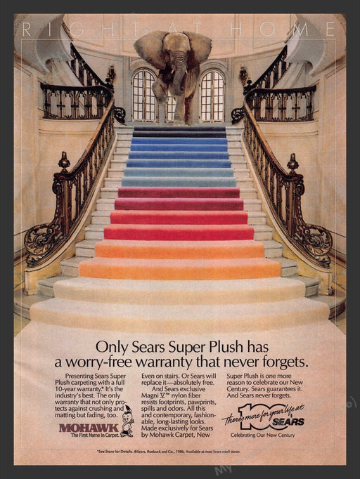 1986 Sears Mohawk Super Plush Carpet Elephant Print Advertisement Ad
