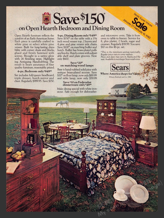 1980 Sears Open Hearth Bedroom and Dining Room Furinture Print Ad