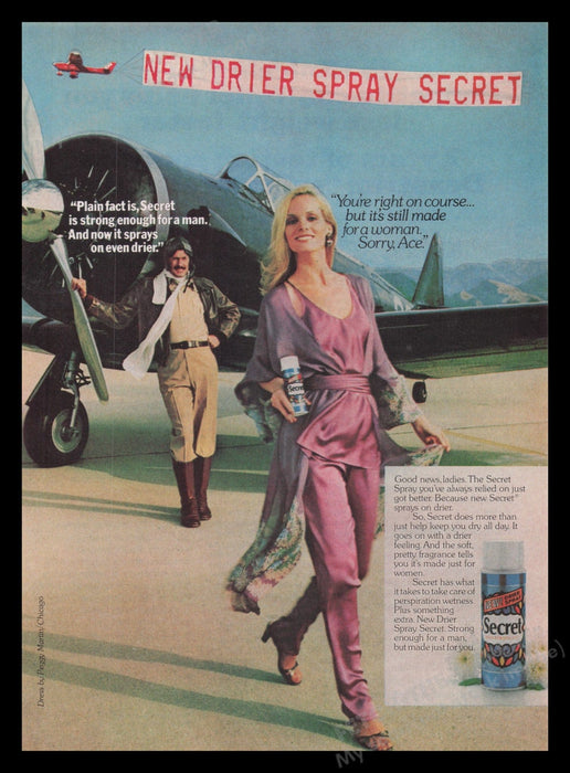 Secret Deodorant 1970s Print Advertisement Ad 1979 Propeller Plane Ace Pilot Fetch the Paper!