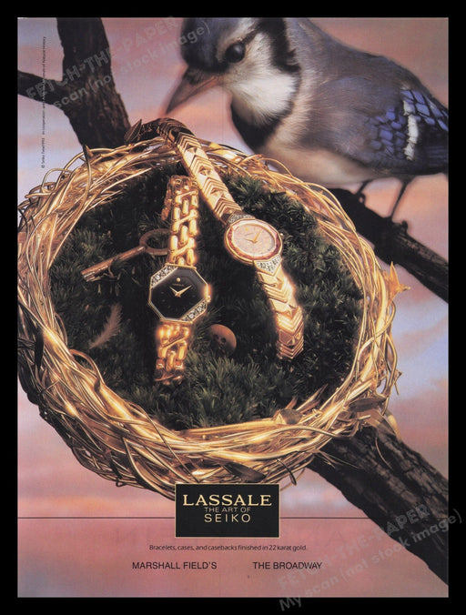 Seiko Lassale Watch 1990s Print Advertisement Ad 1993 Blue Jay Bird's Nest Fetch the Paper!