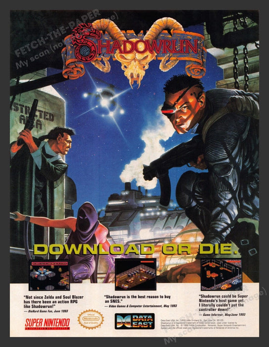 1993 Shadowrun "Download or Die" Video Game Print Advertisement