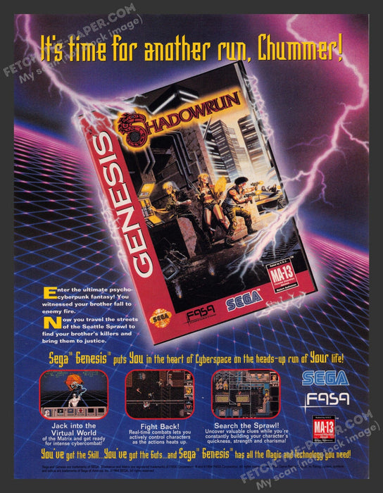 1993 Print Advertisement Shadowrun Sega Genesis Video Game Ad.