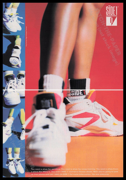 Side 1 Tennis Shoes 1990s Print Advertisement (2 pages) 1991 Legs Aerobics Fetch the Paper!