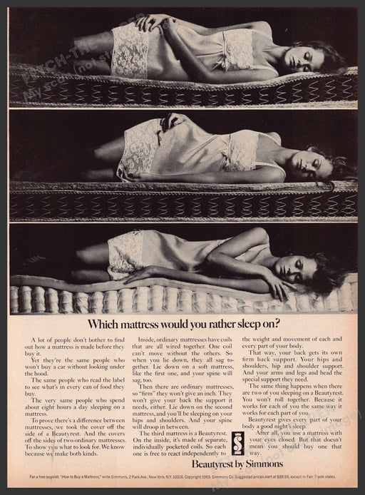 Simmons Beautyrest Mattress 1960s Print Advertisement 1969 Sleeping Woman Fetch the Paper!