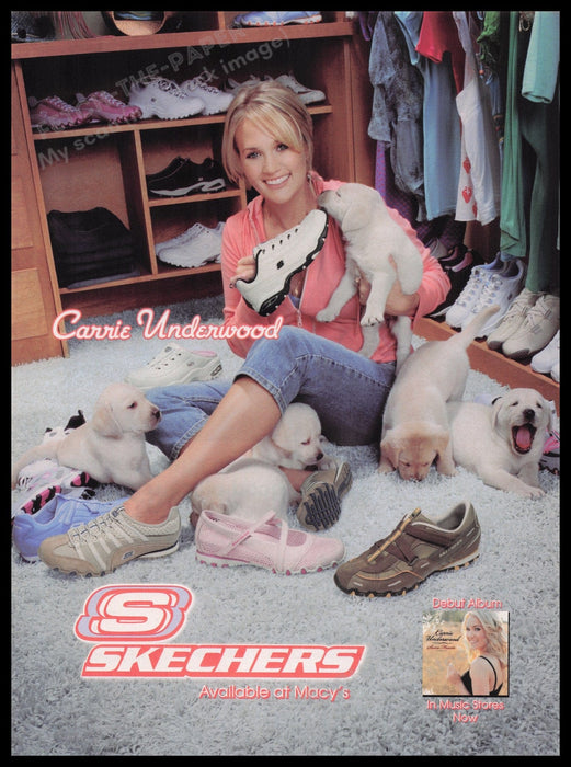 Skechers Carrie Underwood 2000s Print Advertisement Ad 2006 Shoes Lab Puppies Fetch the Paper!