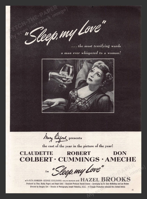 1948 Sleep My Love Movie Release Print Advertisement Ad