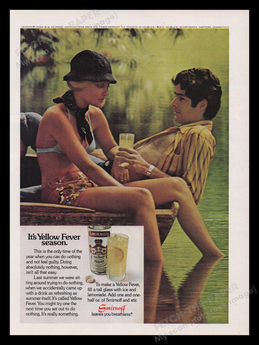 Smirnoff Vodka 1970s Print Advertisement Ad 1972 Yellow Fever Legs Wooden Boat Fetch the Paper!