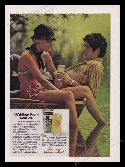Smirnoff Vodka 1970s Print Advertisement Ad 1972 Yellow Fever Legs Wooden Boat Fetch the Paper!