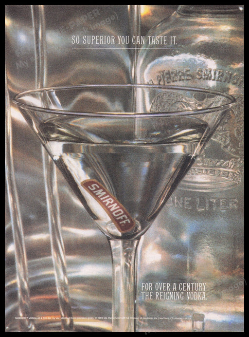 Smirnoff Vodka 1980s Print Advertisement Ad 1989 Reigning Glass Fetch the Paper!