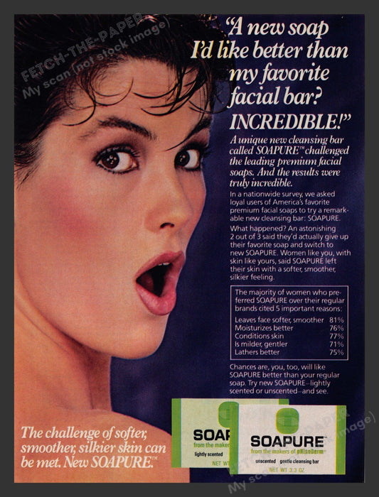 Soapure 1980s Print Advertisement 1983 Facial Soap Surprised Face Model Fetch the Paper!