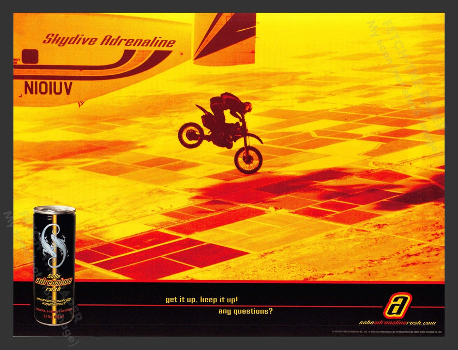 2002 SoBe Adrenaline Rush Energy Drink Motorbike Sky Dive Print Advertisement Ad.