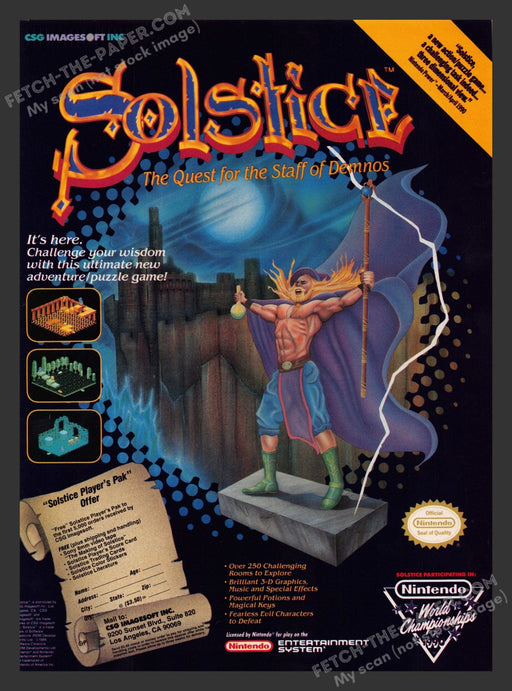 1990 Print Advertisement Solstice: Quest for the Staff of Demnos Video Game Ad.