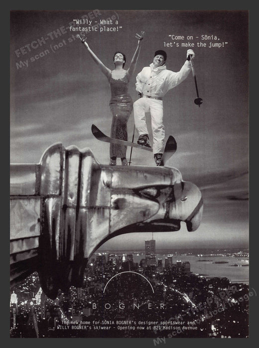 Sonia & Willy Bogner 1990s Print Advertisement 1995 NYC Skyline Twin Towers Fetch the Paper!