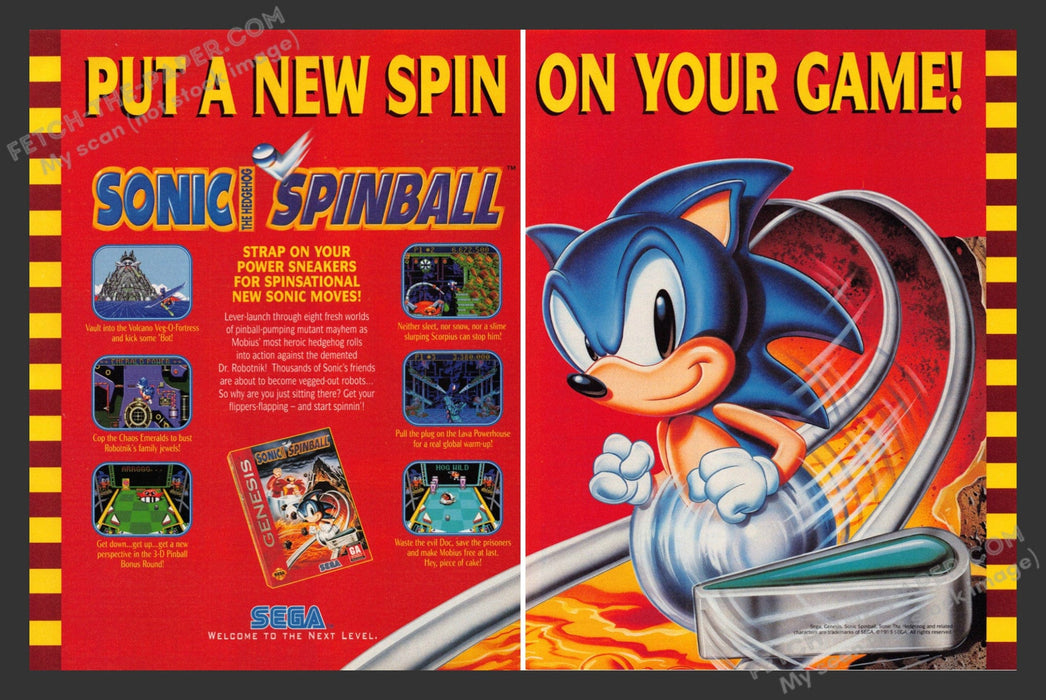 1992 Print Advertisement 2 Page Sonic Spinball Video Game Ad.