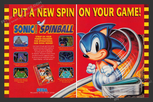 1992 Print Advertisement 2 Page Sonic Spinball Video Game Ad.