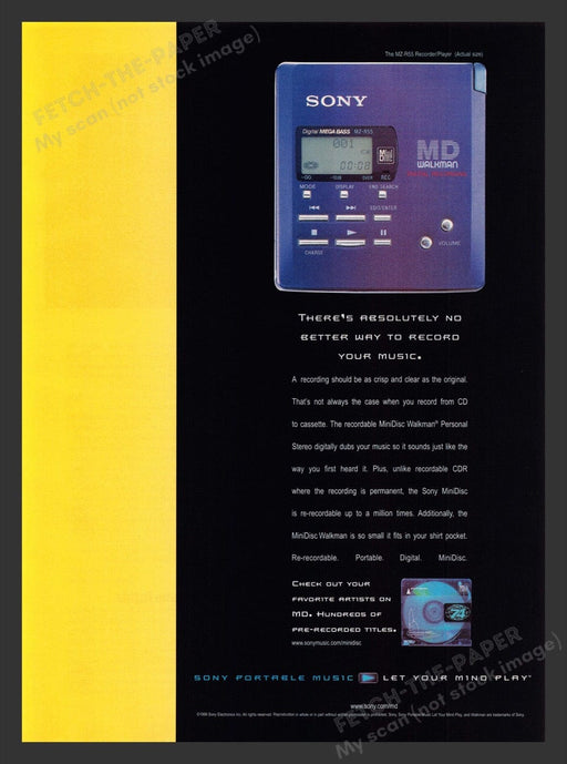 1999 Sony MZ-R55 MD Walkman Digital Recording Player Print Advertisement Ad