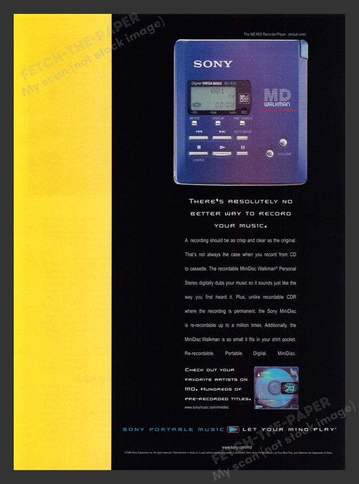 1999 Sony MZ-R55 MD Walkman Digital Recording Player Print Advertisement Ad