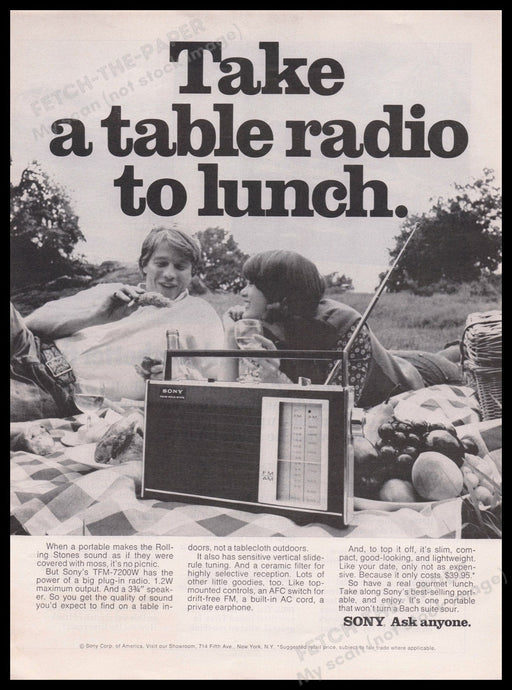 Sony TFM-7200W Radio 1970s Print Advertisement Ad 1972 Couple on a Picnic Fetch the Paper!