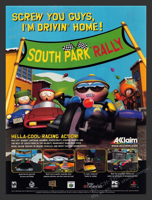 2000 South Park Rally "Screw you guys!" Video Game Print Advertisement