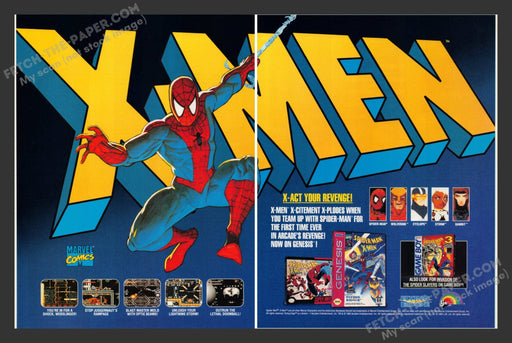 1993 Print Advertisement 2 Page Spider-Man X-Men Video Game Ad.
