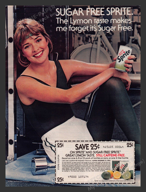 Sprite 1980s Print Advertisement Ad 1983 Sugar Free Woman Gym Weights Soda Pop Fetch the Paper!