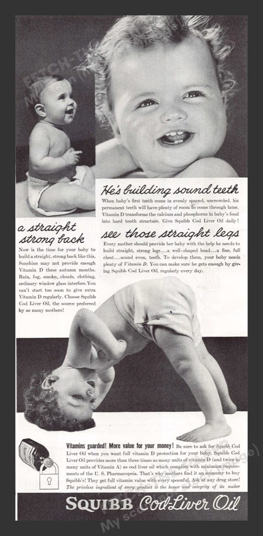 1940 Squibb Cod-Liver Oil Babies Vitamins Cloth Diapers Print Advertisement Ad