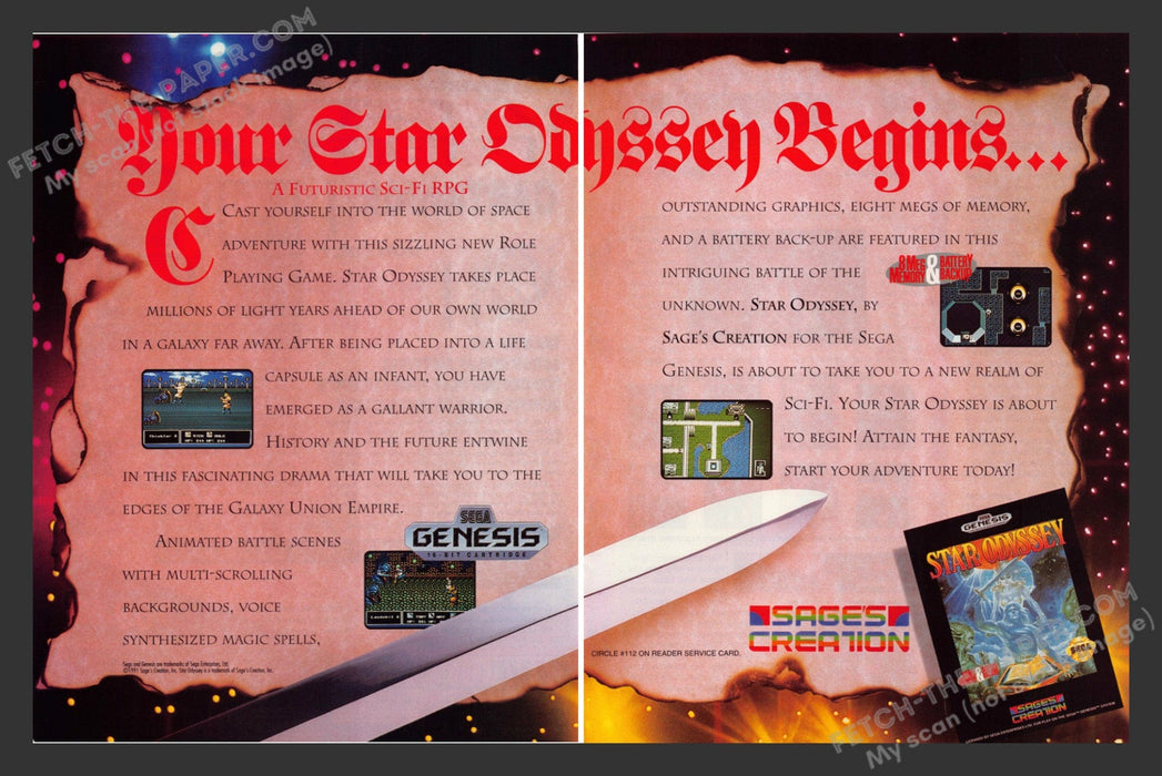 1991 Print Advertisement 2 Page Star Odyssey Video Game Ad.