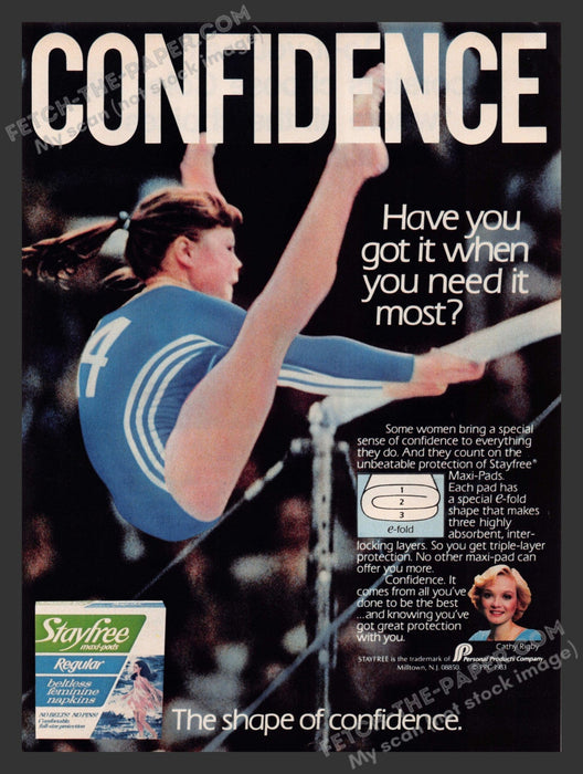 1983 Print Advertisement Stayfree Maxi-Pads Cathy Rigby Gymnastics Athlete Ad.