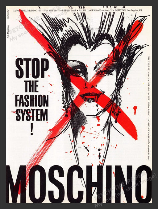1990 "Stop the Fashion System" Moschino Print Advertisement Ad