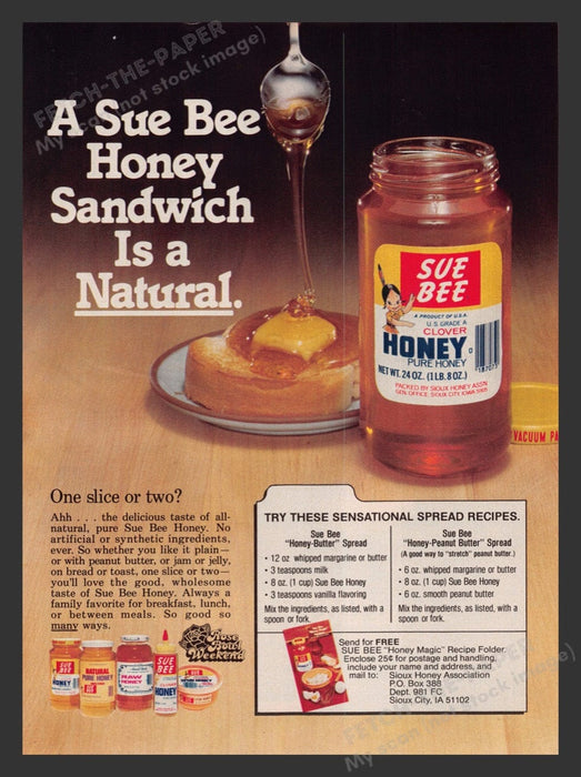 1981 Sue Bee Clover Honey Spread Recipes Print Advertisement Ad
