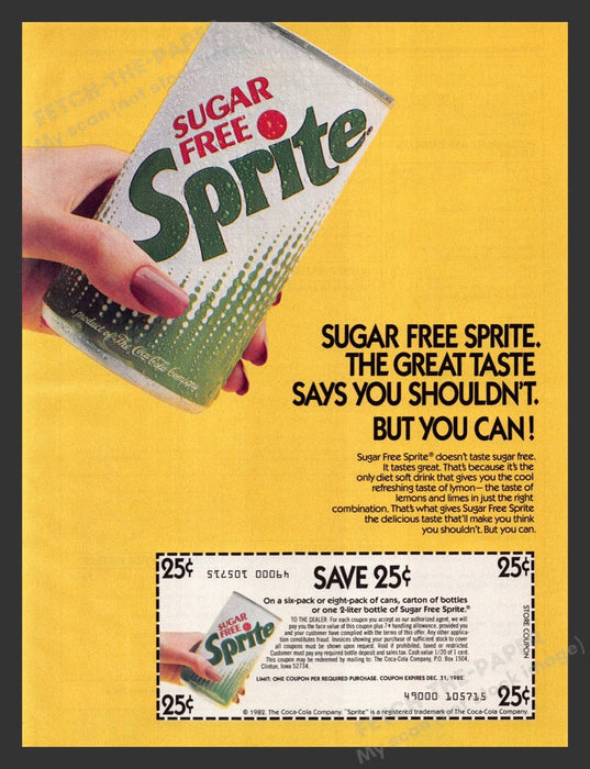 1982 Sugar Free Sprite Soda Pop Print Advertisement Ad