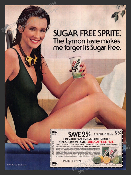 1983 Print Advertisement Sugar Free Sprite Swimsuit Beverage Ad.