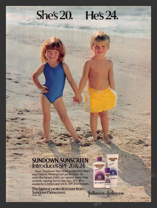 1987 Sundown SPF Johnson & Johnson Beach Toddlers Print Advertisement Ad