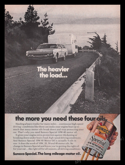 Sunoco Motor Oil 1970s Print Advertisement Ad 1972 Car Pulling a Travel Trailer Fetch the Paper!