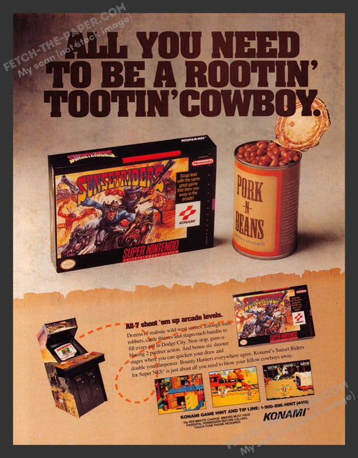Sunset Riders Video Game 1990s Print Advertisement Ad 1993 Fetch the Paper!