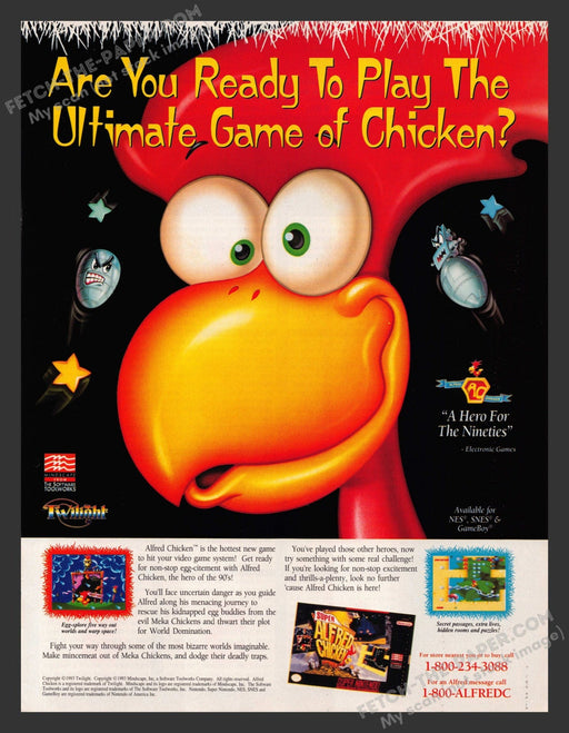 1993 Print Advertisement Super Alfred Chicken Video Game Ad.