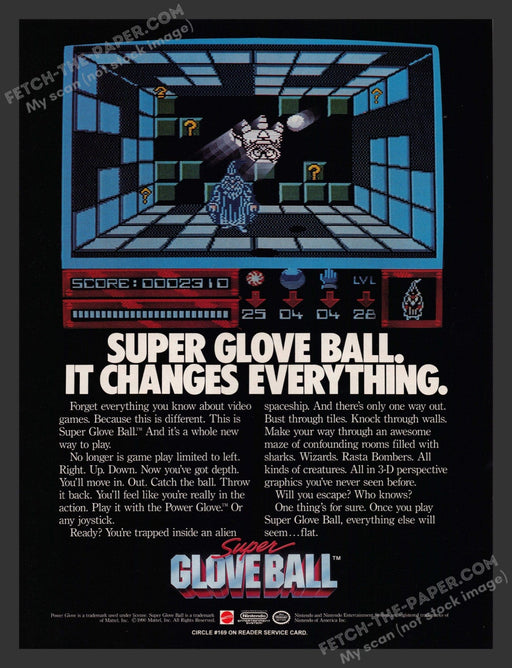 1990 Print Advertisement Super Glove Ball Video Game Ad.