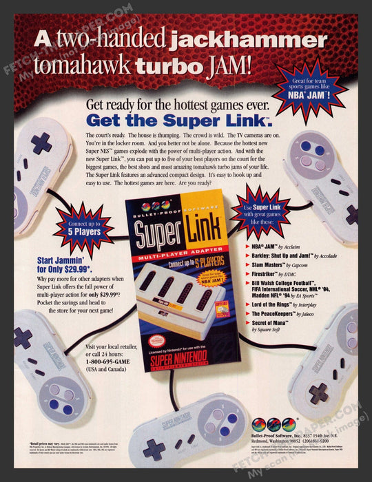 1994 Print Advertisement Super Link Multi-player Adapter Nintendo Video Game Ad.