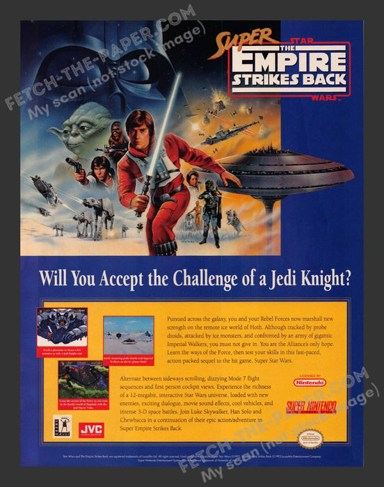 1993 Print Advertisement Super Star Wars: The Empire Strikes Back Video Game Ad.
