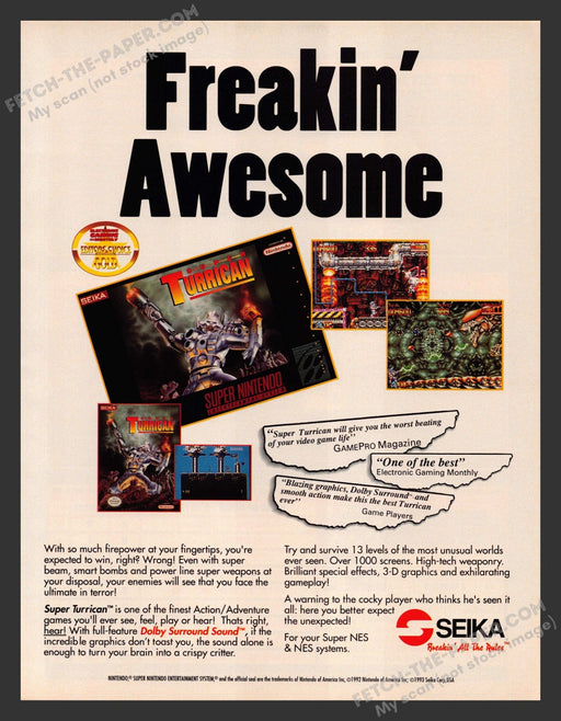 1993 Print Advertisement Super Turrican Video Game Ad.