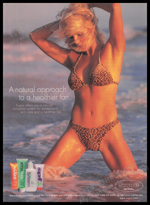 Supre Skin Care Tan 1990s Print Advertisement Ad 1998 Leopard Bikini Model Sexy Fetch the Paper!
