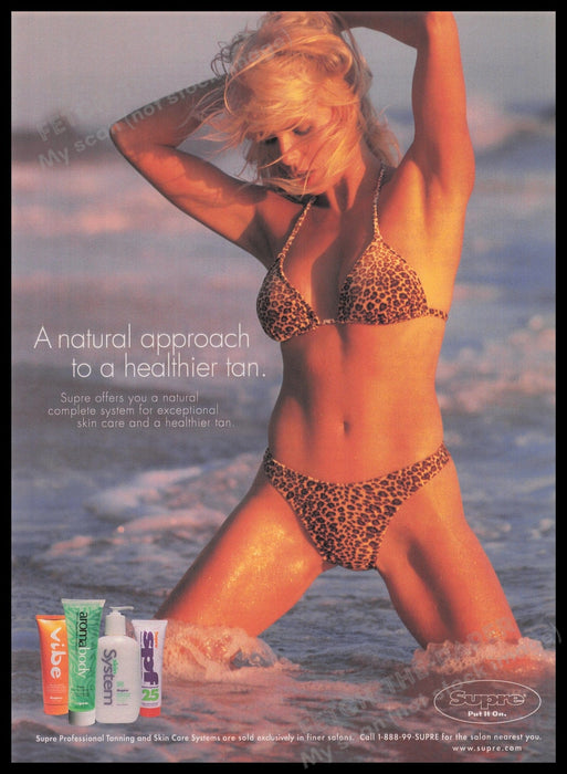 Supre Skin Care Tan 1990s Print Advertisement Ad 1998 Leopard Bikini Model Sexy Fetch the Paper!