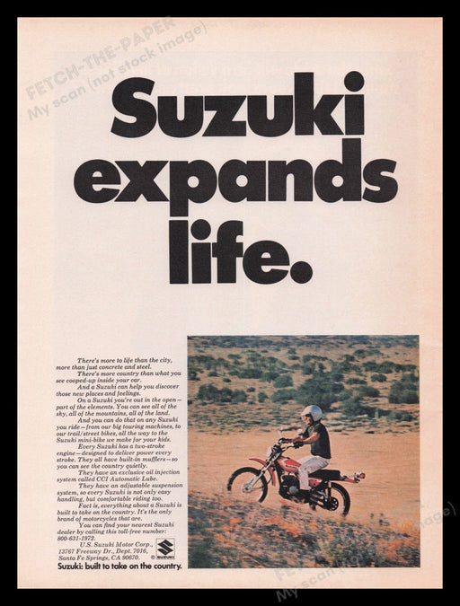 Suzuki Motorcycle 1970s Print Advertisement Ad 1972 Vintage "Expands Life" Fetch the Paper!