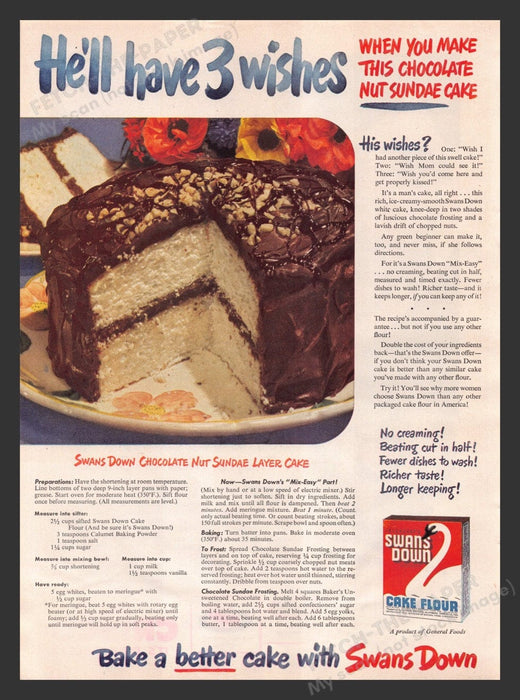 1948 Swans Down Cake Nut Sundae Layer Recipe Print Advertisement Ad